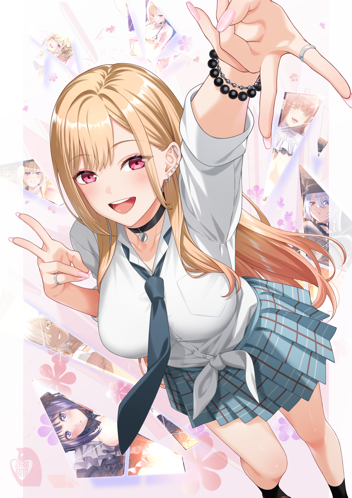 1girl arm_up barbell_piercing bead_bracelet beads black_choker black_lobelia black_necktie blonde_hair blue_skirt blush bracelet breast_pocket breasts choker collared_shirt commentary_request dress_shirt ear_piercing earrings feet_out_of_frame gyaru hand_up highres industrial_piercing jewelry kitagawa_marin large_breasts long_hair looking_at_viewer necktie open_mouth paid_reward_available piercing pink_eyes pink_nails plaid_clothes plaid_skirt pleated_skirt pocket prisoner_veronica ring rizu-kyun school_uniform shirt skirt sleeves_rolled_up smile sono_bisque_doll_wa_koi_wo_suru standing tied_shirt v very_long_fingernails very_long_hair white_shirt zaregoto_tsukai_no_deshi