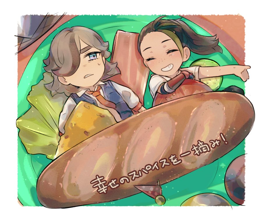 1girl arven_(pokemon) black_hair blue_eyes brown_hair cheese dongfeng_(tofubets) food freckles green_hair hair_over_one_eye lettuce multicolored_hair naranja_academy_school_uniform nemona_(pokemon) nintendo oversized_food oversized_object pokemon pokemon_sv sandwich school_uniform smile sweatdrop translation_request two-tone_hair