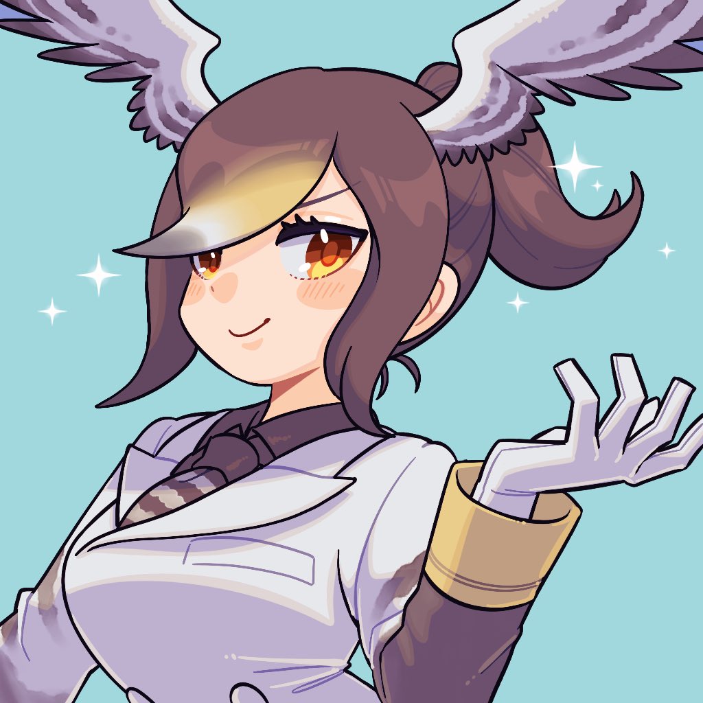 1girl alternate_hairstyle an-chan_(ananna0315) bird_girl bird_wings blonde_hair blush brown_hair brown_necktie brown_shirt brown_sleeves coat collared_shirt gloves grey_hair hair_between_eyes head_wings kemono_friends long_sleeves looking_at_viewer neckerchief necktie northern_goshawk_(kemono_friends) orange_eyes ponytail shirt short_hair sidelocks smile solo sparkle striped_necktie two-tone_necktie upper_body white_coat white_gloves white_hair white_neckerchief wings