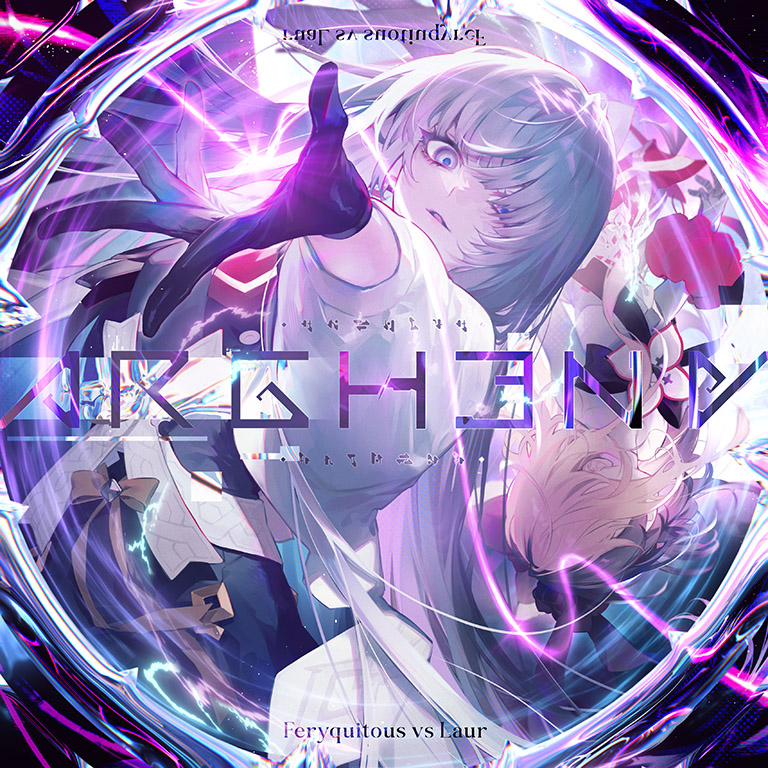 1girl 2girls arcaea black_gloves black_hair black_skirt blonde_hair bow collared_shirt earrings flower gloves hair_between_eyes insight_(arcaea) jewelry long_sleeves maya_(arcaea) multicolored_hair multiple_girls necktie non-web_source purple_eyes red_necktie shirt single_shoulder_pad skirt solo suzunashi two-tone_hair white_hair white_shirt yellow_bow