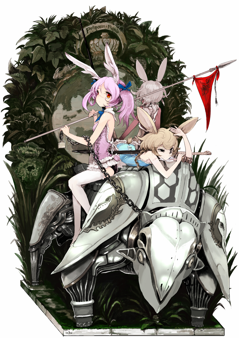 3girls animal_ears ass bare_shoulders binoculars blonde_hair bow chain copyright_name enchi flag from_behind hair_bow leotard multiple_girls original playboy_bunny princess_royale purple_hair rabbit_ears rabbit_girl red_eyes robot scar silver_hair the_tortoise_and_the_hare thighhighs twintails