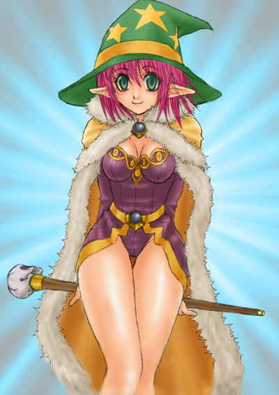 1girl 2000s_(style) arms_behind_back blue_background breasts brown_cape cape cleavage closed_mouth commentary_request cowboy_shot dress feliciel fur-trimmed_cape fur_trim gold_trim green_eyes green_hat hat holding holding_staff looking_at_viewer medium_breasts pink_hair pointy_ears print_hat purple_dress ragnarok_online short_dress short_hair skull smile solo staff star_(symbol) star_print thighs witch_hat wizard_(ragnarok_online)