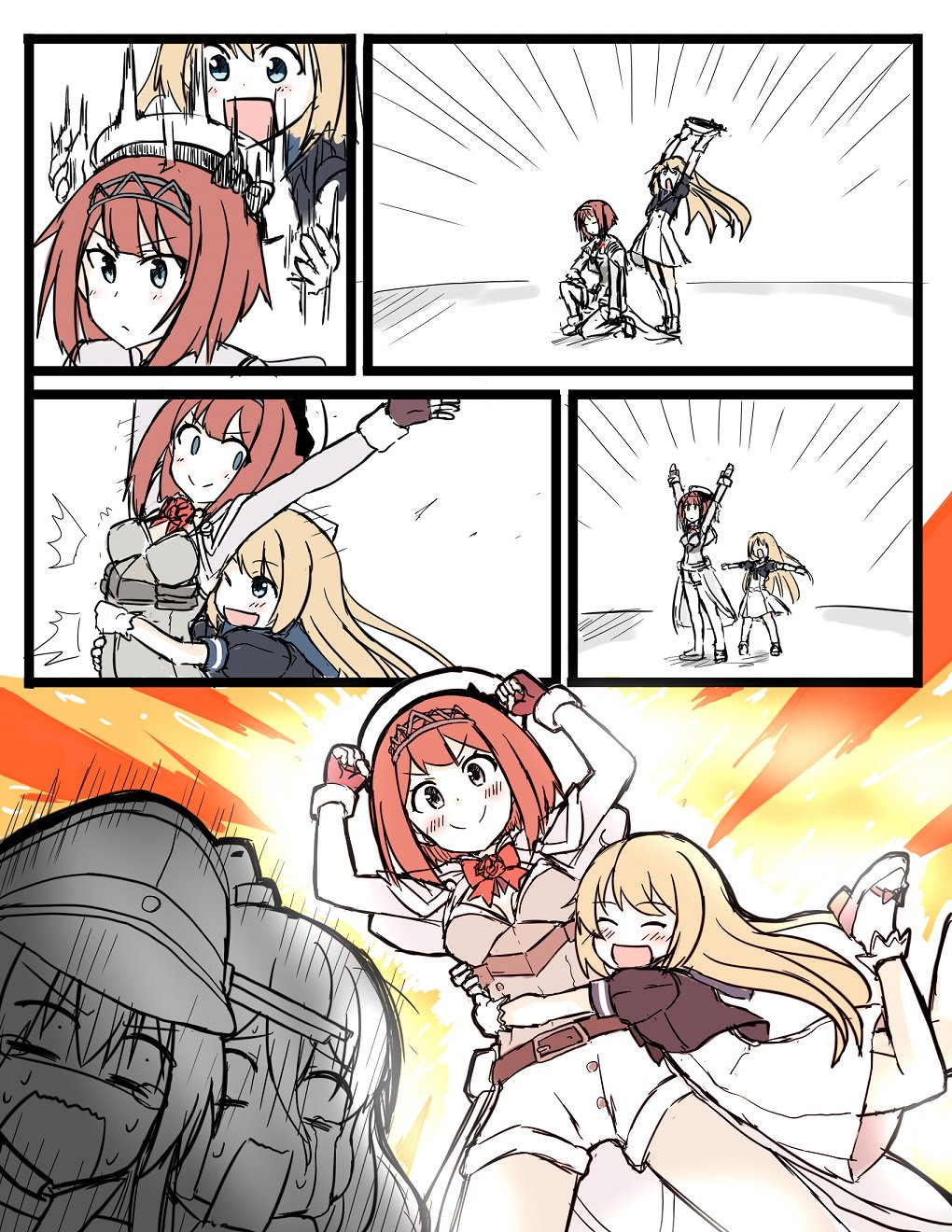 4girls :d ark_royal_(kancolle) arms_up atsushi_(aaa-bbb) belt bismarck_(kancolle) blonde_hair blue_eyes blush bob_cut breasts cleavage_cutout clenched_hands clothing_cutout comic commentary corset crying crying_with_eyes_open dress emphasis_lines closed_eyes fingerless_gloves flower gloves hair_between_eyes hat unworn_hat unworn_headwear highres hug hug_from_behind jacket jervis_(kancolle) kantai_collection long_hair mary_janes military military_hat mini_hat multiple_girls one_eye_closed on_one_knee open_mouth overskirt pantyhose peaked_cap pola_(kancolle) red_flower red_hair red_ribbon red_rose ribbon rose sailor_dress sailor_hat shoes short_hair shorts smile tears tiara wavy_hair wavy_mouth