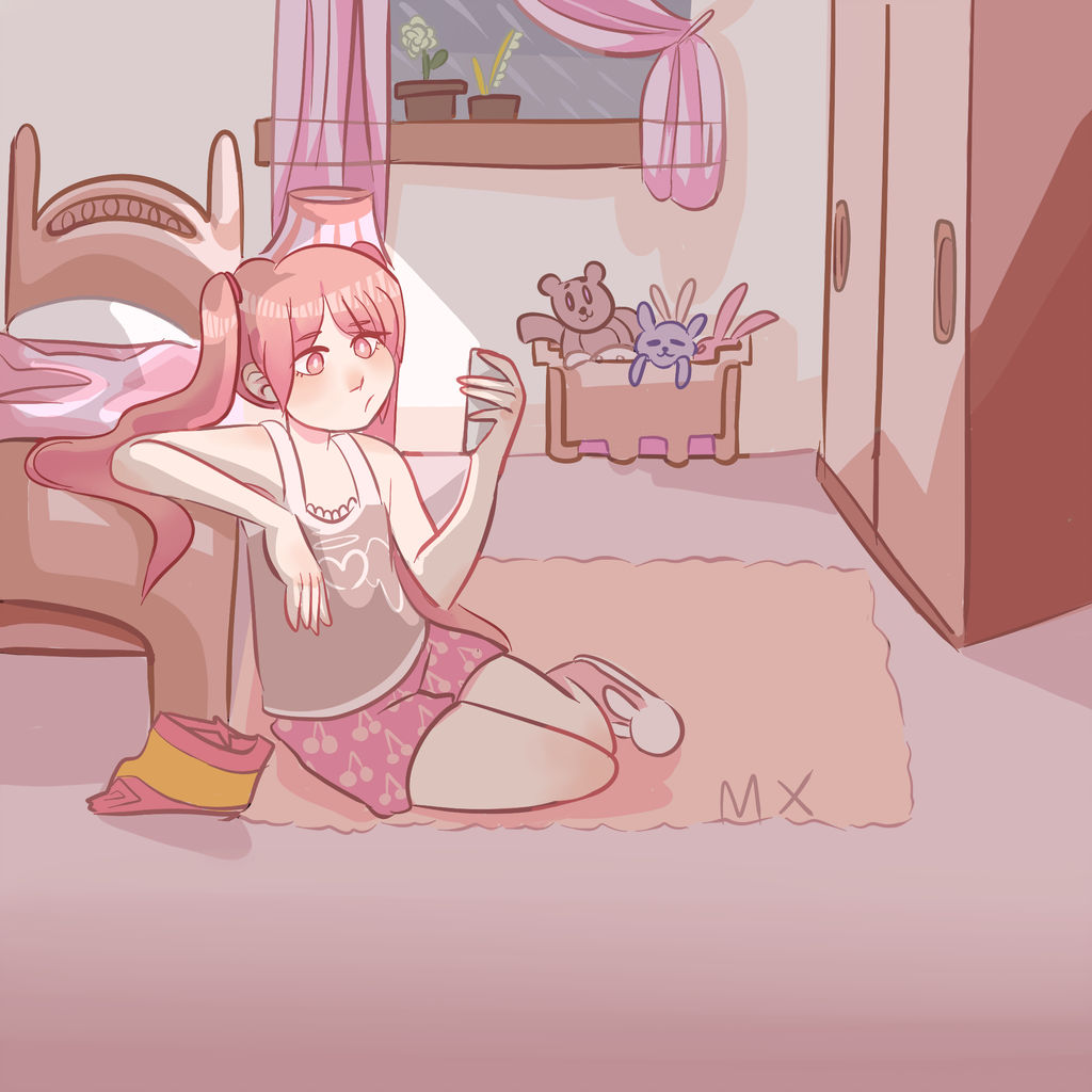 1girl alternate_costume alternate_hair_ornament alternate_headwear animal_slippers arm_up bed bed_frame bed_sheet bedroom blush bunny_slippers carpet cellphone cherry_print child curtains danganronpa_(series) danganronpa_another_episode:_ultra_despair_girls flower flower_pot food_print frown fruit_print full_body ghostsouda heart heart_print lamp lampshade leaning_back legs_together looking_at_phone matching_hair/eyes nose on_floor phone pink_blanket pink_carpet pink_eyes pink_footwear pink_hair pink_legwear pink_shorts reclining rug shirt shorts sitting slippers smartphone socks stuffed_animal stuffed_rabbit stuffed_toy tank_top teddy_bear thighs thighs_together toy_box toybox utsugi_kotoko wardrobe white_shirt white_tank_top white_top window windowsill