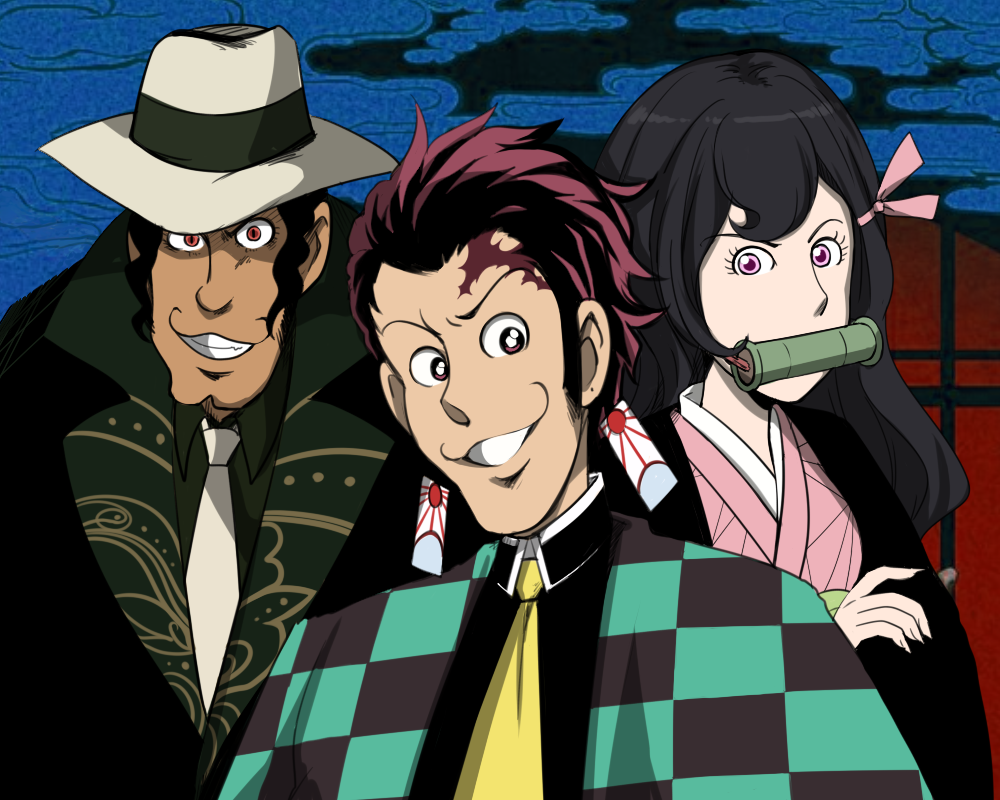 1boy 1girl 2boys arsene_lupin_iii bamboo bit_gag black_hair checkered_haori cosplay earrings f09fa4aa gag hair_between_eyes hair_ribbon haori japanese_clothes jewelry kamado_nezuko kamado_nezuko_(cosplay) kamado_tanjirou kamado_tanjirou_(cosplay) kibutsuji_muzan kibutsuji_muzan_(cosplay) kimetsu_no_yaiba kimono long_hair looking_at_viewer lupin_iii mine_fujiko multiple_boys parody pink_eyes pink_kimono pink_ribbon red_eyes ribbon scar scar_on_face scar_on_forehead smile style_parody zenigata_kouichi