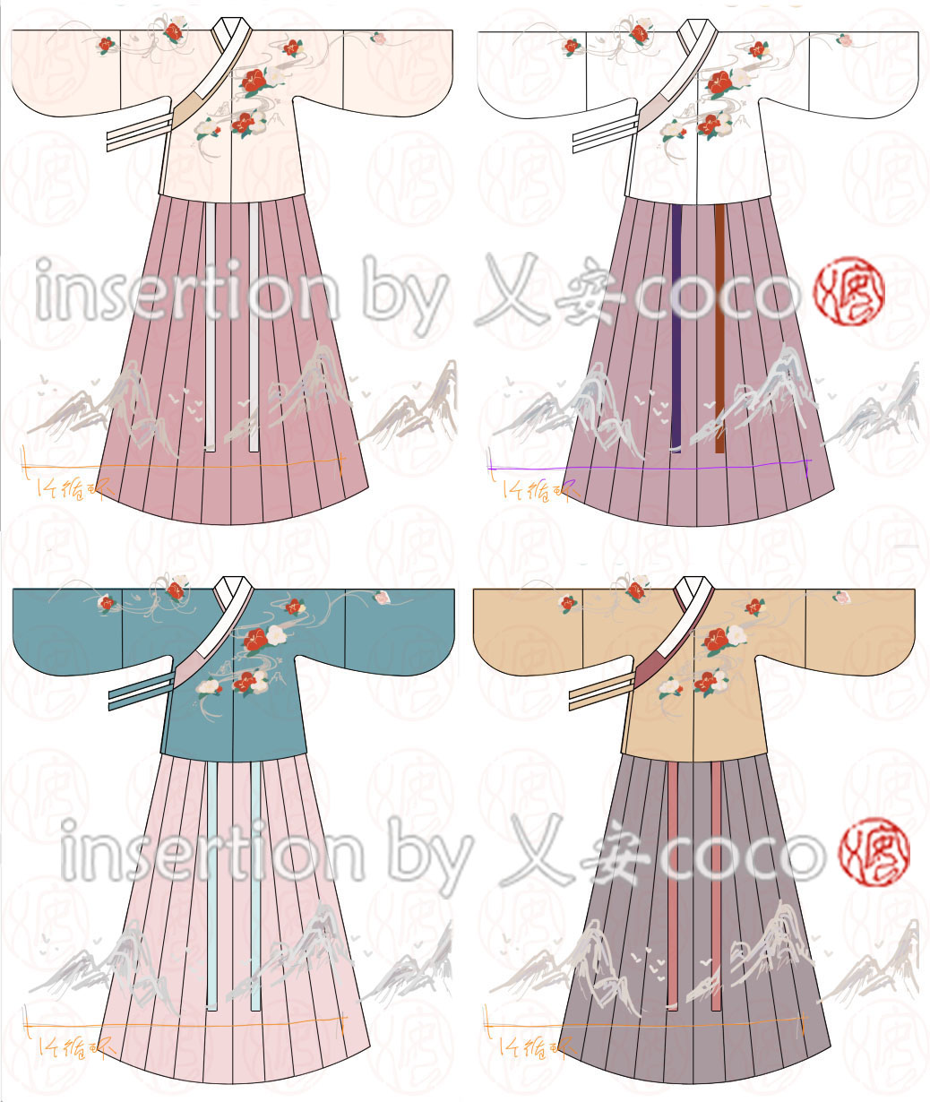 aoqun aqua_shirt chinese_clothes clothes_focus fold-over_collar grey_skirt hanfu highres long_skirt long_sleeves no_humans original pink_skirt pleated_skirt shirt skirt white_shirt wide_sleeves yellow_shirt yian_coco