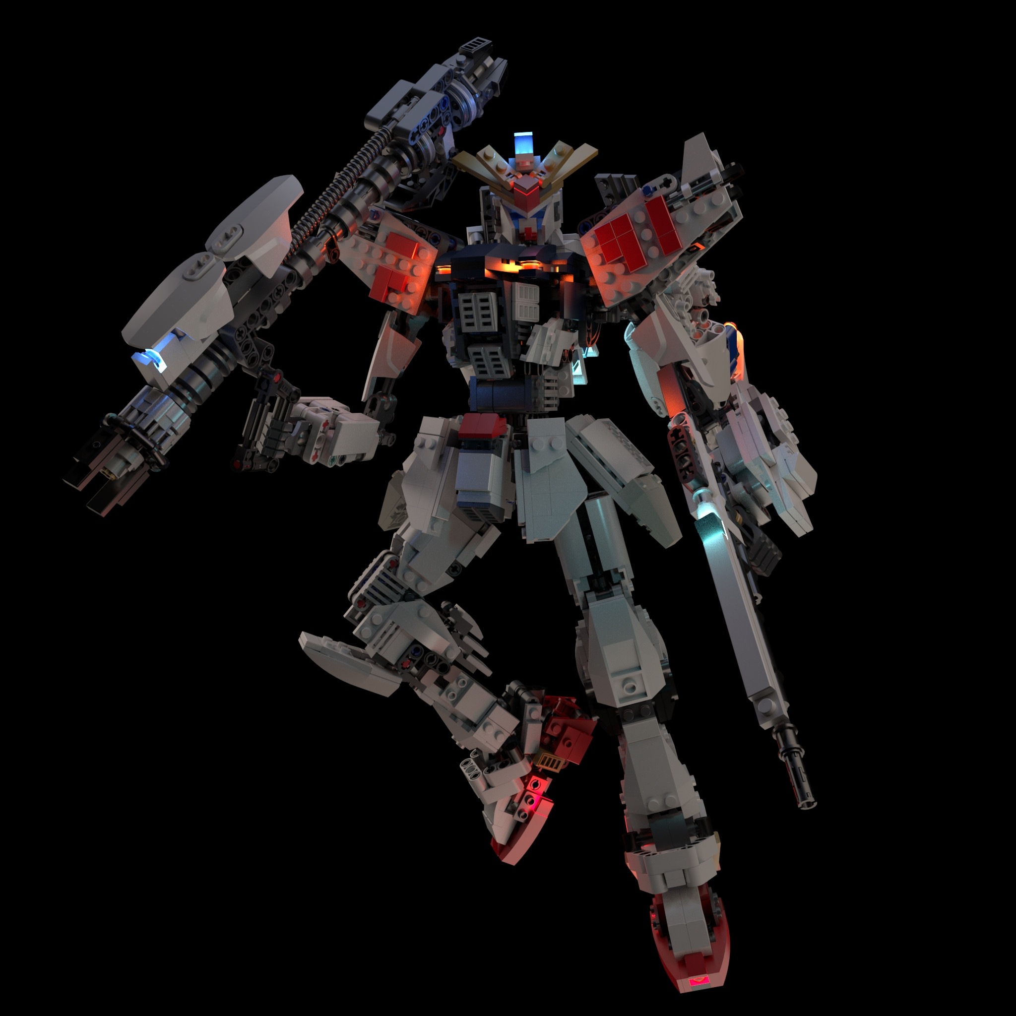 3d black_background energy_cannon f91_gundam glowing gundam gundam_f91 highres lego_(medium) light machinery maya_(medium) mecha mobile_suit no_humans original photorealistic realistic redesign robot science_fiction shield solo space the_lego_group toy unconventional_media zero_gravity
