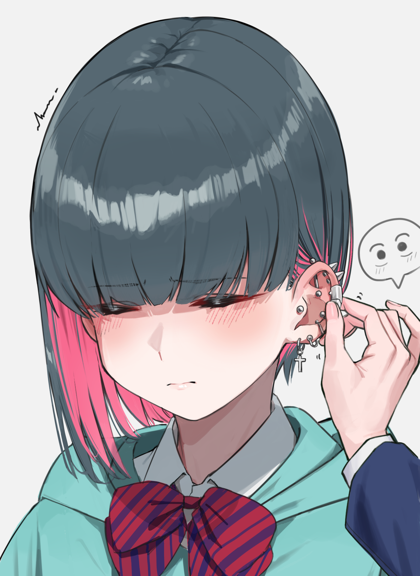 2girls aqua_jacket ayatak0517 black_hair bow bowtie closed_eyes closed_mouth colored_inner_hair cross cross_earrings ear_piercing earrings highres hood hooded_jacket jacket jewelry komi-san_wa_komyushou_desu komi_shouko light_blush multicolored_hair multiple_girls piercing pink_hair shiina_muzuka simple_background spoken_character striped_bow striped_bowtie striped_clothes white_background
