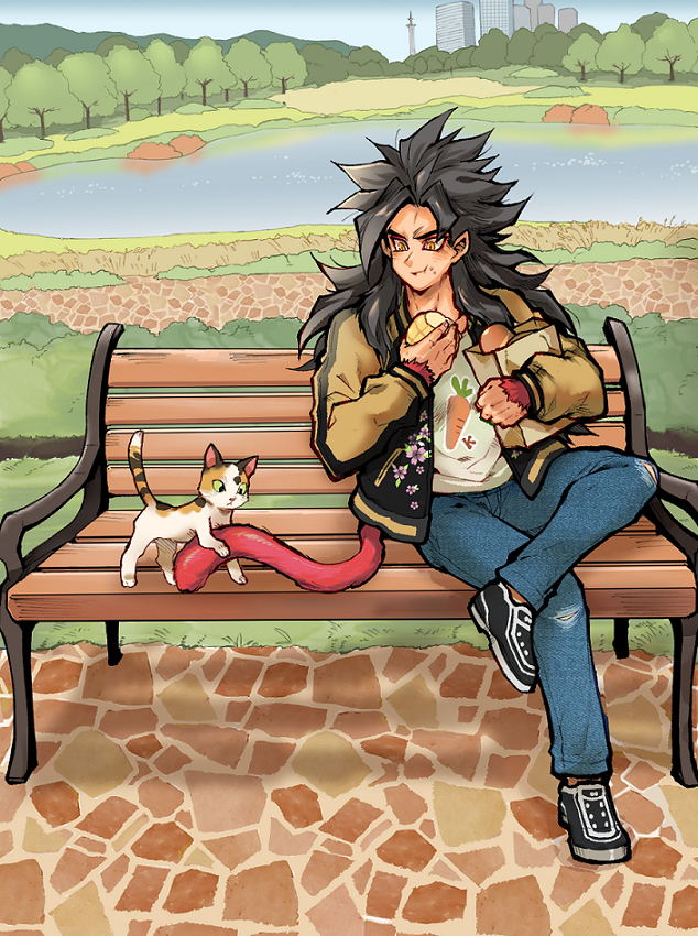 1boy bench black_hair blue_sky body_fur building casual cat cn_tower crossed_legs day denim dragon_ball dragon_ball_gt eating food food_on_face hano_(hanos91) jacket jeans lake long_hair male_focus monkey_tail pants park park_bench shoes sky skyscraper sneakers solo son_goku super_saiyan super_saiyan_4 tail toronto tree yellow_eyes
