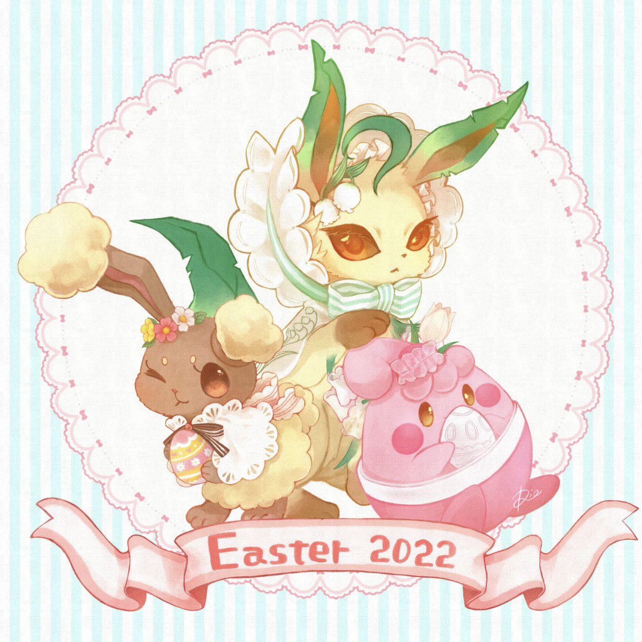 2022 bonnet bow brown_eyes buneary easter easter_egg egg eyelashes game_freak gen_4_pokemon green_bow happiny head_wreath highres leafeon nintendo no_humans pokemon pokemon_(creature) rabbit rigu_(what_will_be_will_be!) signature striped_background striped_bow