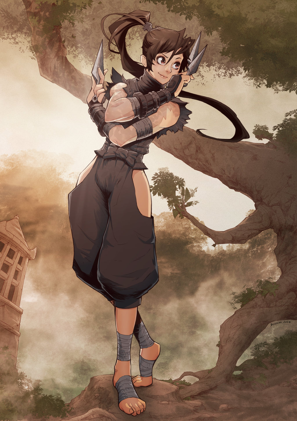 1girl ankle_wrap bandages barefoot between_fingers brown_eyes brown_hair danusko dual_wielding female_focus highres hip_vent holding ibuki_(street_fighter) image_sample kunai long_hair ninja no_headwear no_shoes ponytail smile solo street_fighter street_fighter_iii_(series) toes toned weapon