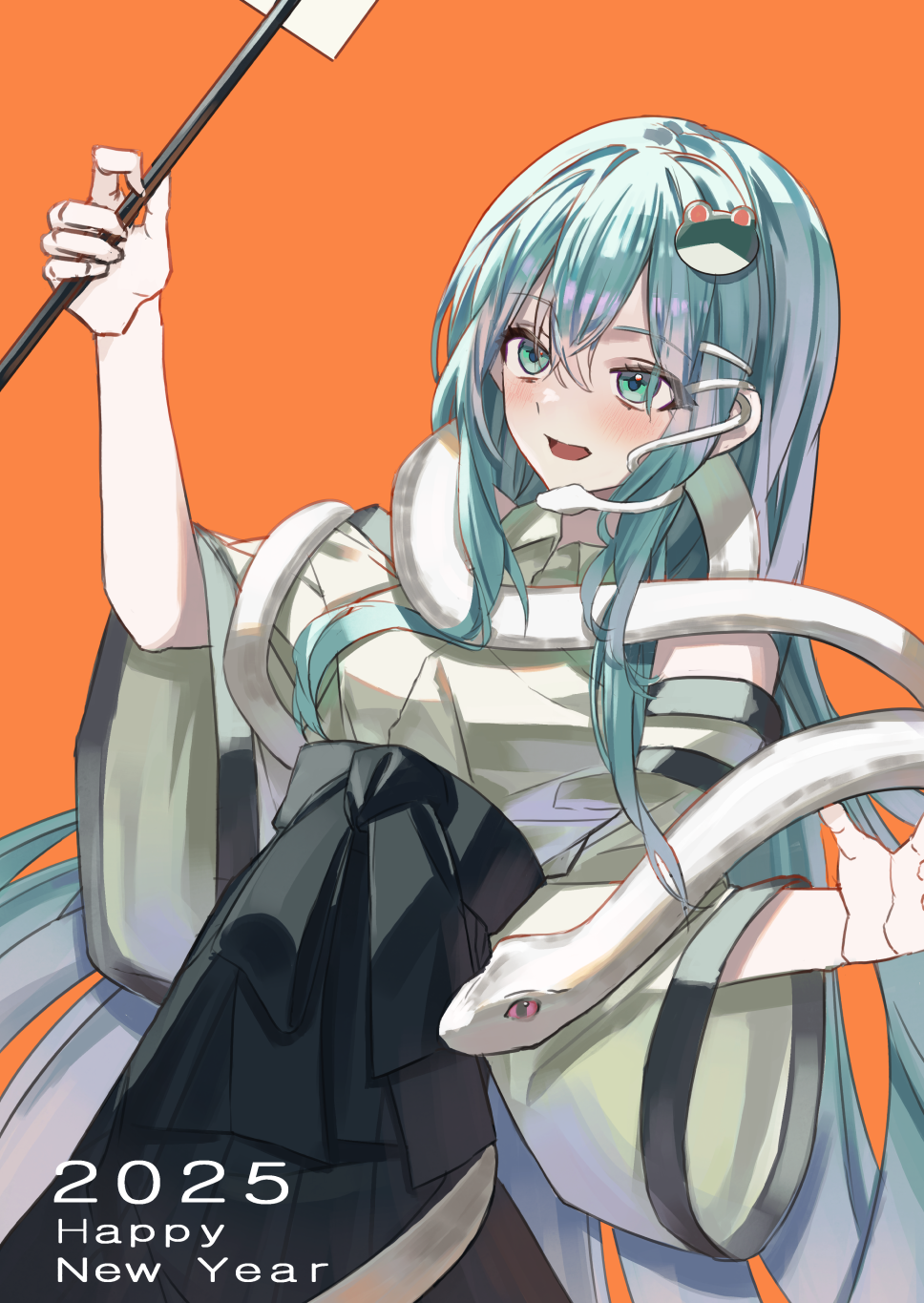 1girl 2025 adapted_costume aqua_hair bare_shoulders black_hakama blush collared_shirt commentary cowboy_shot crossed_bangs dutch_angle ehdghks500 frog_hair_ornament gohei green_eyes hair_ornament hakama hands_up happy_new_year highres holding holding_gohei japanese_clothes kochiya_sanae korean_commentary long_hair long_sleeves looking_ahead new_year open_mouth orange_background shirt sidelocks simple_background snake snake_hair_ornament solo standing touhou very_long_hair white_shirt white_sleeves wide_sleeves wing_collar