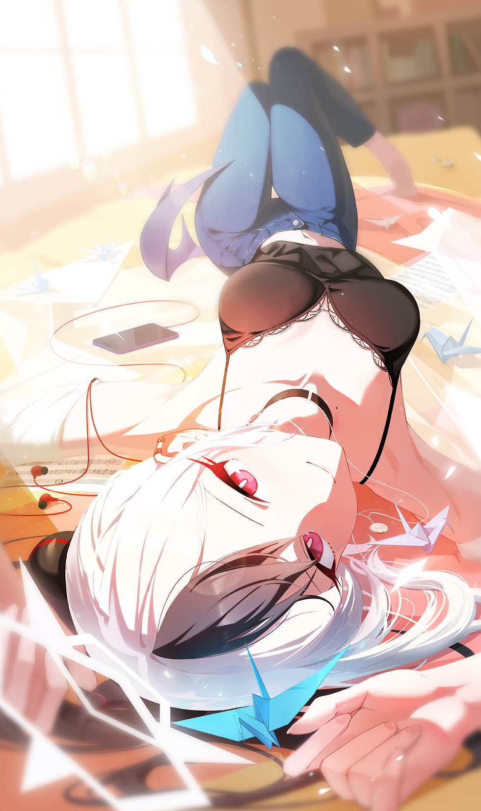 1girl bare_shoulders black_hair black_horns blue_archive blurry blurry_background blush breasts camisole cellphone choker closed_mouth collarbone demon_horns denim earphones from_above hair_between_eyes halo highres horns indoors jeans kayoko_(blue_archive) long_hair looking_at_viewer lying medium_breasts mole mole_on_collarbone multicolored_hair nasan_(coldtime) on_back origami pants paper_crane phone red_eyes smartphone smile solo two-tone_hair white_hair
