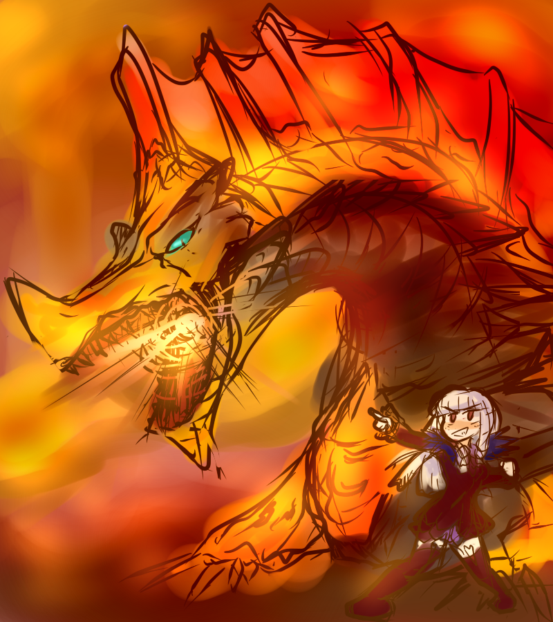 1girl agnaktor agria_(tales) blue_eyes boots capcom dragon dress fire freckles fur grey_hair long_hair monster monster_hunter_(series) open_mouth red_eyes tales_of_(series) tales_of_xillia thigh_boots thighhighs
