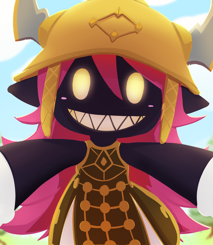 1girl armor armored_dress black_skin blush_stickers cloud colored_skin day dress drowtales_(artist) fake_horns final_fantasy gloves grass grin helmet horned_helmet horns incoming_hug long_hair looking_at_viewer outdoors pink_hair pointy_ears pov princess_goblin_(woff) sharp_teeth sky sleeveless smile solid_oval_eyes solo teeth tree upper_body world_of_final_fantasy yellow_eyes
