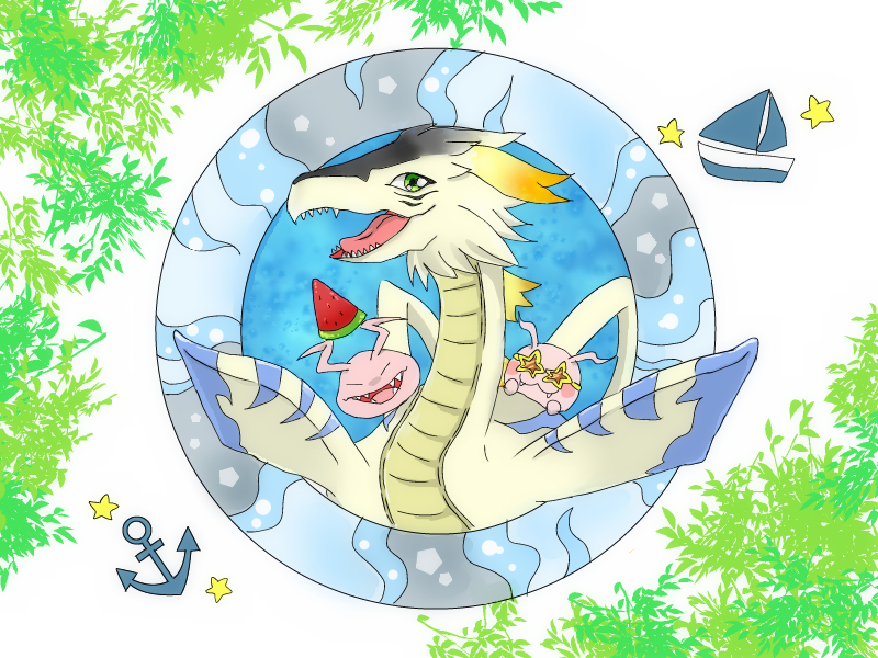 digimon food fruit green_eyes koromon plesiomon plesiosaur sharp_teeth teeth tokomon watermelon