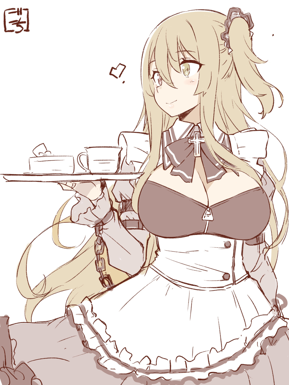 1girl alternate_costume apron arm_at_side arm_belt artist_name assault_lily belt black_belt blush bow bowtie breasts brown_scrunchie cake cake_slice chain cleavage cleavage_cutout closed_mouth clothing_cutout collared_dress commentary_request cowboy_shot cross cup dress enmaided food frilled_apron frilled_dress frilled_sleeves frills gochisousama_(tanin050) grey_bow grey_bowtie grey_dress hair_between_eyes hair_ornament hair_scrunchie hand_up heart heterochromia highres holding holding_tray juliet_sleeves kuo_shenlin large_breasts latin_cross light_brown_hair long_hair long_sleeves looking_away looking_to_the_side maid pink_eyes puffy_sleeves scrunchie sidelocks simple_background smile standing teacup tray very_long_hair waist_apron white_apron white_background wide_sleeves wrist_chain yellow_eyes zipper_pull_tab