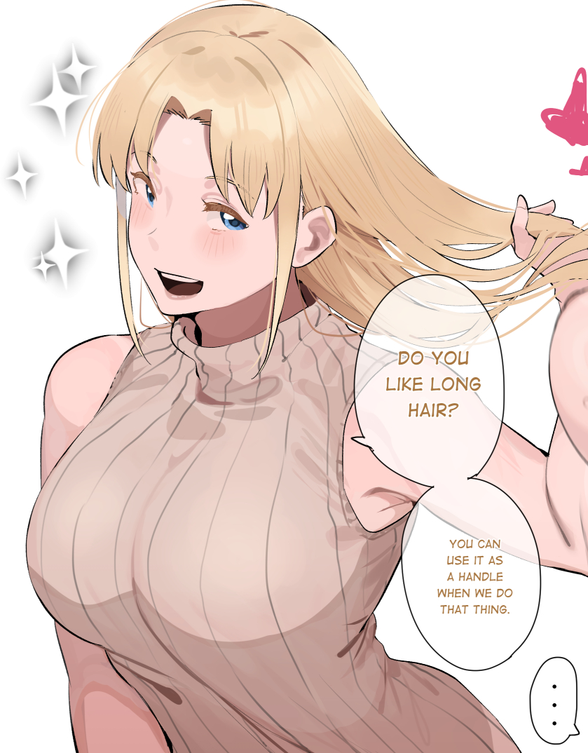 ... 1girl alternate_hair_length alternate_hairstyle blonde_girl_(okpriko) blue_eyes blush brown_sweater commentary english_commentary english_text hair_lift long_hair looking_at_viewer okpriko open_mouth original paid_reward_available parted_bangs sidelocks sleeveless sleeveless_turtleneck solo sparkle speech_bubble spoken_ellipsis sweater turtleneck turtleneck_sweater upper_body white_background