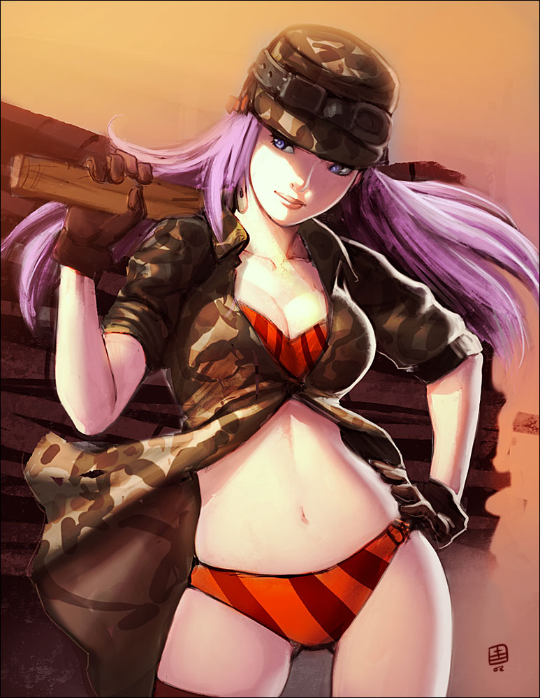 1girl bad_deviantart_id bad_id breasts camouflage cleavage commentary fallout fallout_3 female_focus gloves hand_on_own_hip hat hip_focus large_breasts lone_wanderer midriff navel original purple_eyes purple_hair qiqo solo striped thighhighs