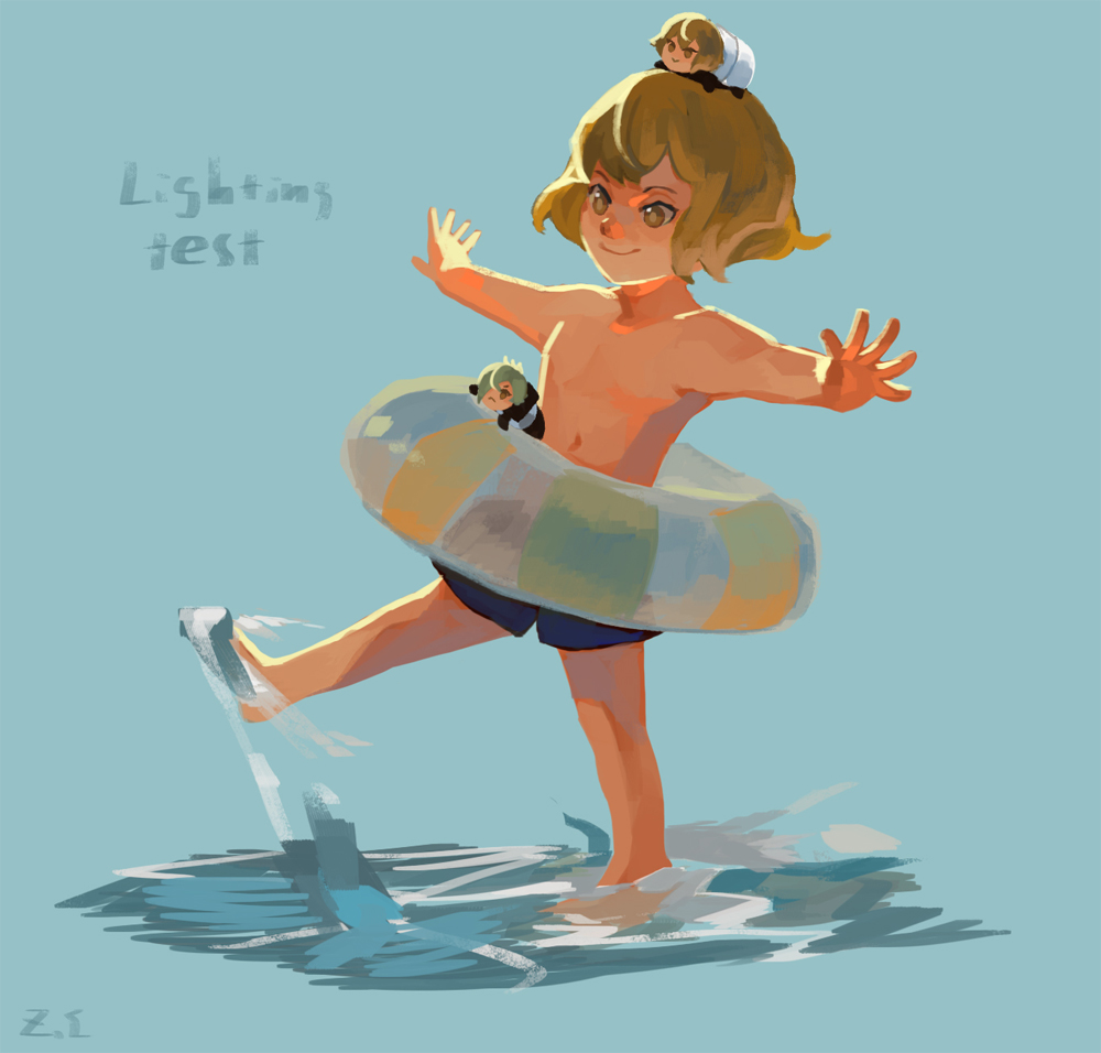 1boy barefoot blue_background blue_shorts blue_swim_trunks chibi closed_mouth commentary dated_commentary english_commentary full_body higekiri_(touken_ranbu) hizamaru_(touken_ranbu) innertube male_focus short_hair shorts smile solo splashing swim_ring t-pose topless_male touken_ranbu zi_tsas