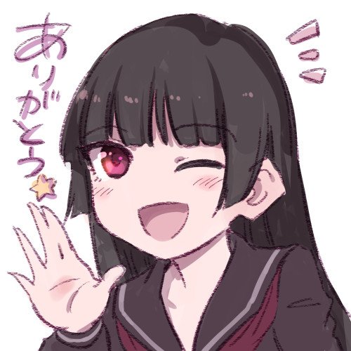 1girl black_hair kanoe_yuuko long_hair looking_at_viewer lowres maybe official_art one_eye_closed open_mouth purple_eyes smile solo tasogare_otome_x_amnesia waving wink