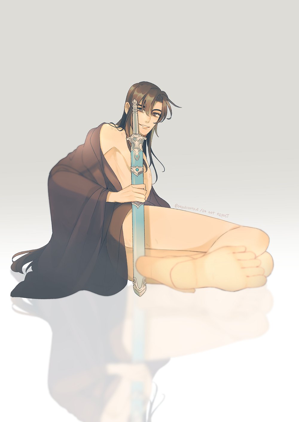 1boy alternate_hairstyle bare_legs bare_pectorals bare_shoulders barefoot black_hair black_hanfu brown_eyes brown_hair chinese_clothes commentary english_commentary feet foot_focus foreshortening full_body hair_down hanfu highres holding holding_sword holding_weapon implied_yaoi jian_(weapon) long_hair long_sleeves looking_at_viewer lying male_focus minataka94 modao_zushi naked_robe off_shoulder on_side open_clothes open_robe parted_lips partially_undressed pectorals reflection reflective_floor robe sheath sheathed simple_background smile soles solo sword toes twitter_username very_long_hair weapon wei_wuxian white_background wide_sleeves