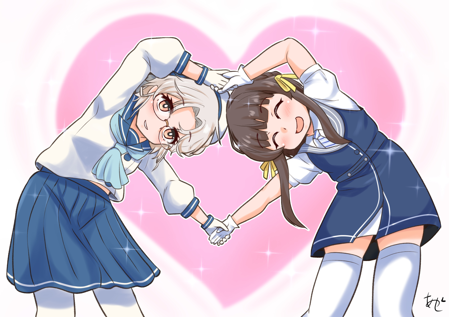 2girls akashieru black_hair blue_dress blue_neckerchief blue_sailor_collar blue_skirt braid brown_eyes diagonal-striped_clothes diagonal-striped_necktie dress glasses gloves grey_hair grey_sailor_collar hair_ribbon hat heart_arms heart_arms_duo hirato_(kancolle) kantai_collection leaning_to_the_side miniskirt multiple_girls neckerchief necktie pantyhose pleated_skirt ribbon sailor_collar sailor_hat school_uniform serafuku short_hair_with_long_locks short_sleeves side_braids skirt striped_clothes thighhighs ukuru_(kancolle) wavy_hair white_gloves white_hat white_pantyhose white_thighhighs yellow_ribbon