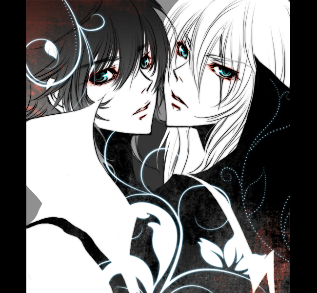 2boys bishounen blue_eyes bodysuit brown_eyeliner casshern casshern_(series) casshern_sins commentary_request dio_(casshern_sins) expressionless eyeliner hair_between_eyes high_contrast limited_palette long_bangs long_hair looking_at_viewer makeup male_focus mochinue multiple_boys parted_lips pillarboxed popped_collar scar scar_across_eye scar_on_face short_hair spot_color sweat upper_body