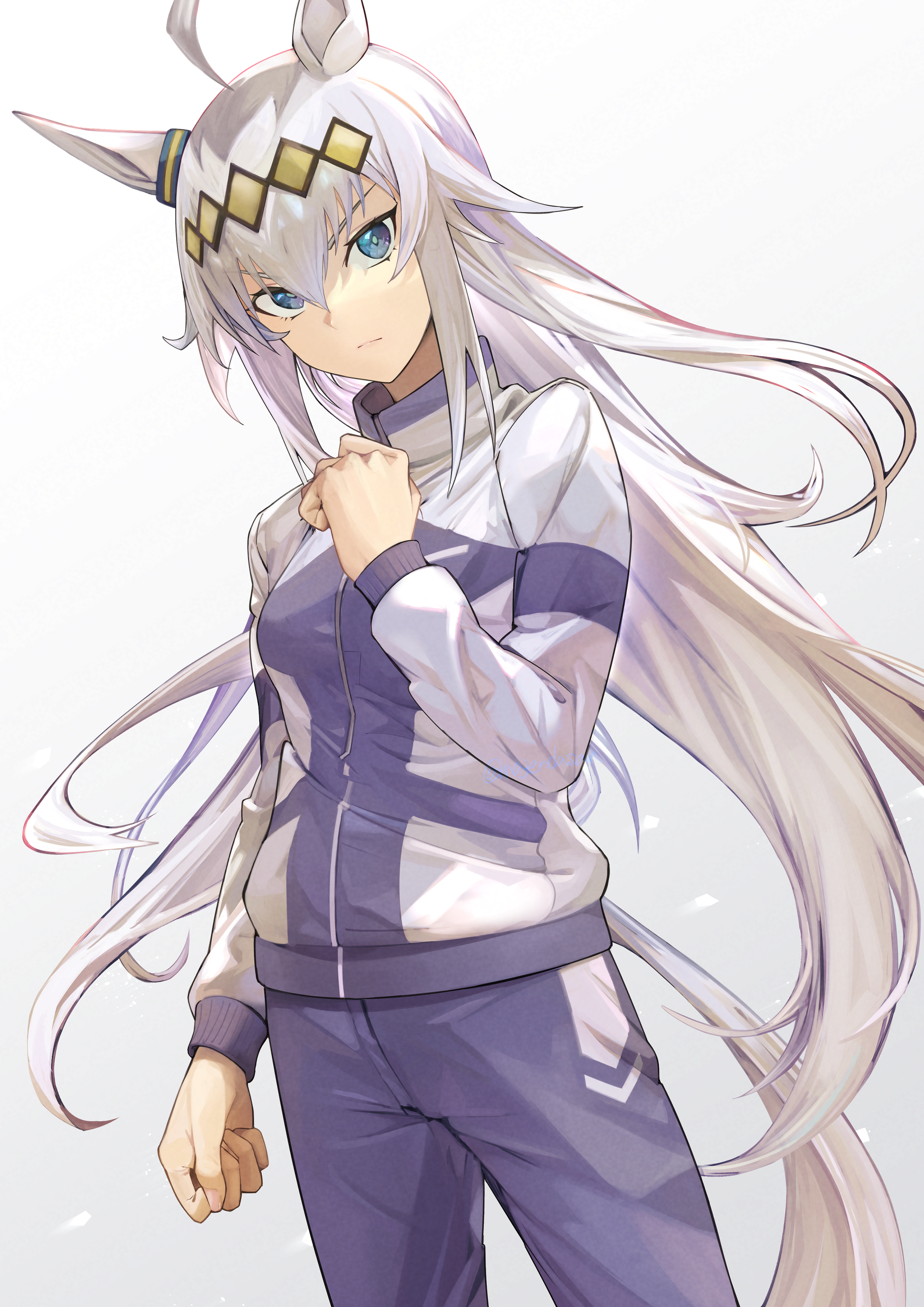 1girl absurdres ahoge animal_ears blue_eyes blue_jacket blue_pants clenched_hand closed_mouth commentary ear_ornament frown grey_hair hair_ornament highres horse_ears horse_girl horse_tail jacket kanpiro kasamatsu_tracen_training_uniform long_hair long_sleeves looking_at_viewer multicolored_jacket oguri_cap_(umamusume) pants solo standing tail track_jacket track_pants two-tone_jacket umamusume umamusume:_cinderella_gray white_jacket
