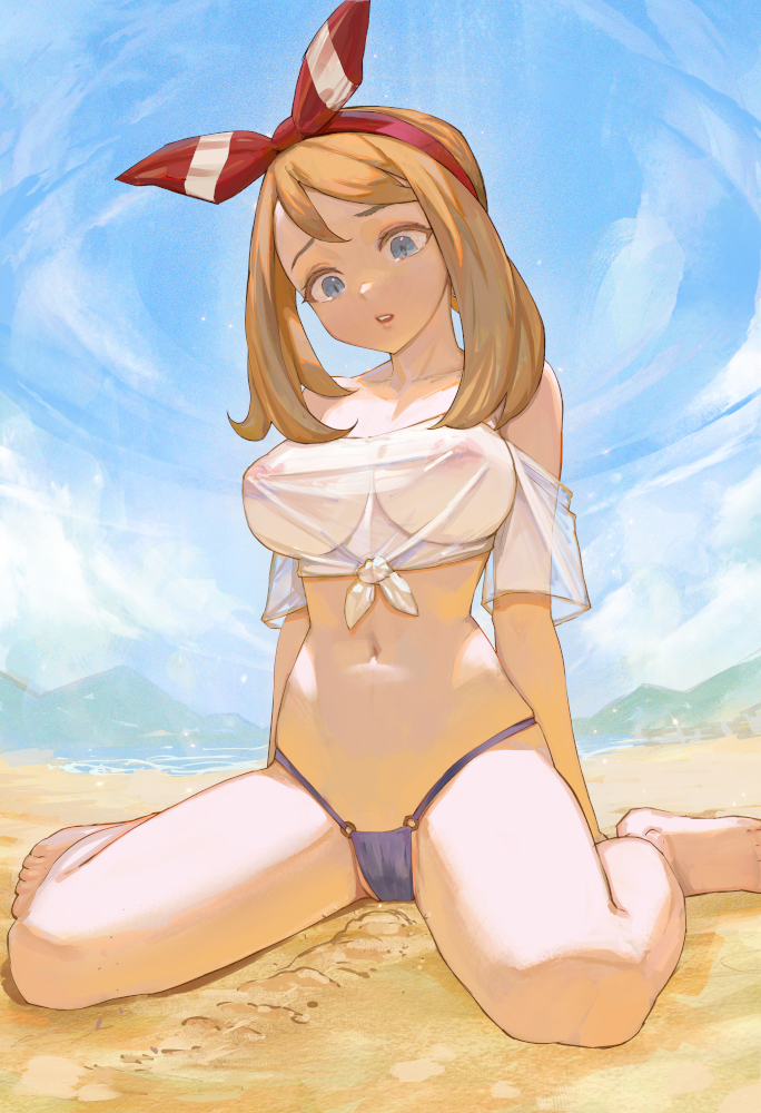 1girl barefoot beach bikini blue_bikini blue_eyes blue_sky breasts brown_hair cloud covered_erect_nipples full_body hairband large_breasts may_(pokemon) mountainous_horizon navel nintendo nipples off-shoulder_shirt off_shoulder outdoors parted_lips pokemon pokemon_rse red_hairband sand see-through_clothes see-through_shirt shirt short_sleeves sitting sky solo swimsuit thighs tied_shirt wariza white_shirt yugen99