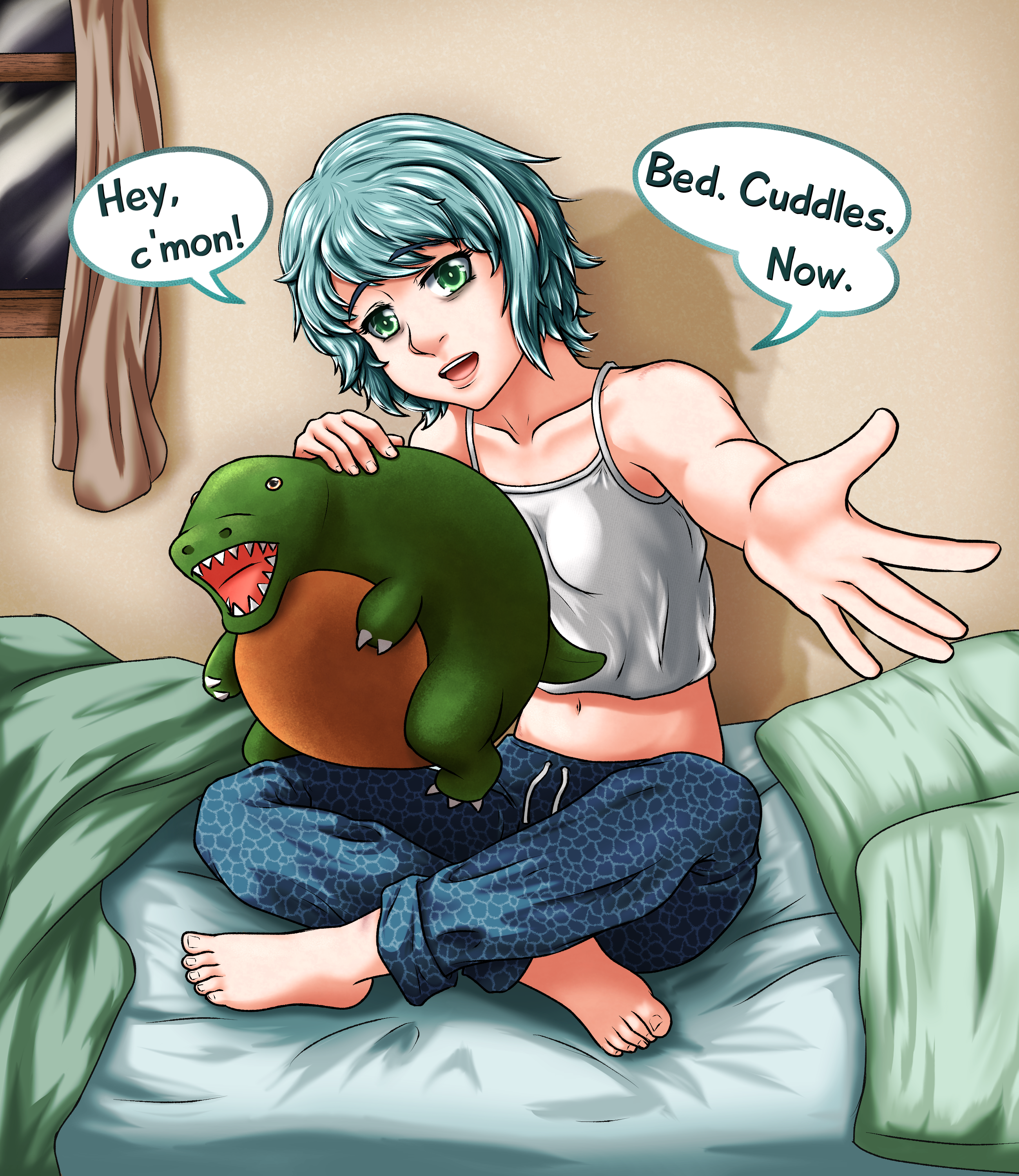 1girl absurdres aqua_hair barefoot bed_sheet blanket camisole collarbone curtains drawstring english_text green_eyes highres katawa_shoujo lainycakes looking_at_viewer midriff navel on_bed outstretched_arm pajama_pants pillow short_hair solo speech_bubble stuffed_animal stuffed_toy suzuki_suzu teeth tongue upper_teeth_only white_camisole window