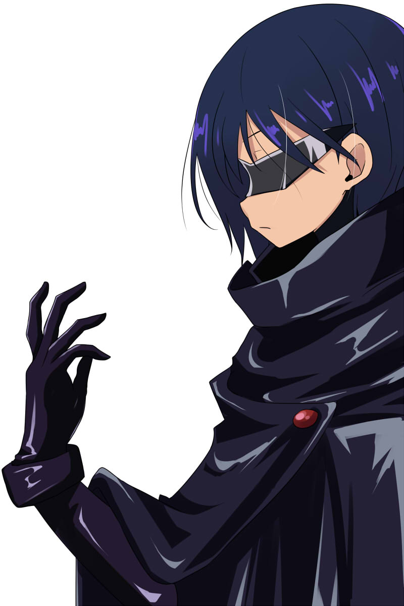 1girl black_cloak black_hair cloak closed_mouth commentary_request cosplay gundam gundam_gquuuuuux highres kidou_senkan_nadesico long_hair mask nishi_koutarou nyaan_(gundam_gquuuuuux) profile simple_background solo tenkawa_akito tenkawa_akito_(cosplay) upper_body white_background