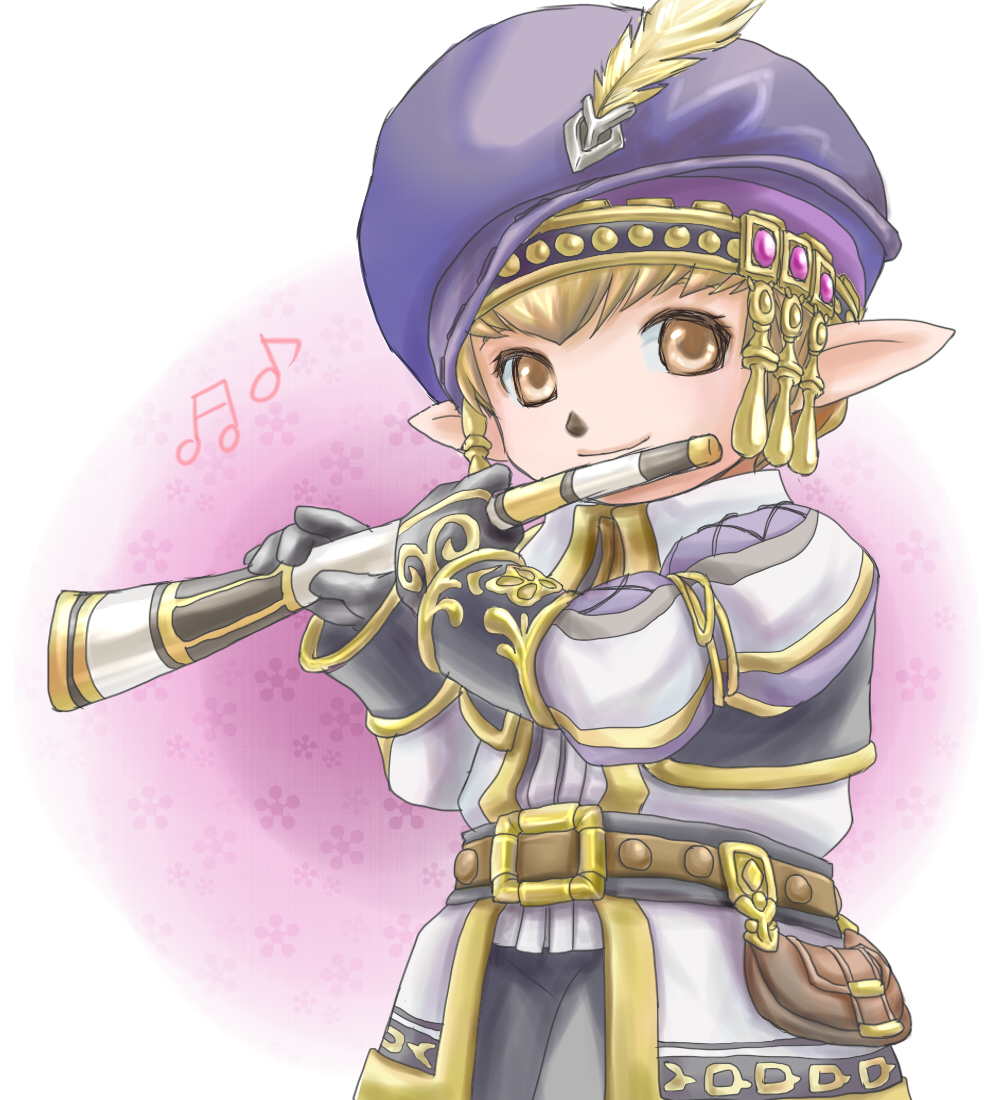 1girl adventurer_(ff11) bard_(final_fantasy) belt beret black_gloves blonde_hair blue_hat brown_belt closed_mouth eyelashes feathers final_fantasy final_fantasy_xi gloves gold_trim hat hat_feather holding holding_instrument instrument long_sleeves musical_note orange_eyes pink_gemstone pointy_ears sakutsuki smile solo tarutaru yellow_feathers