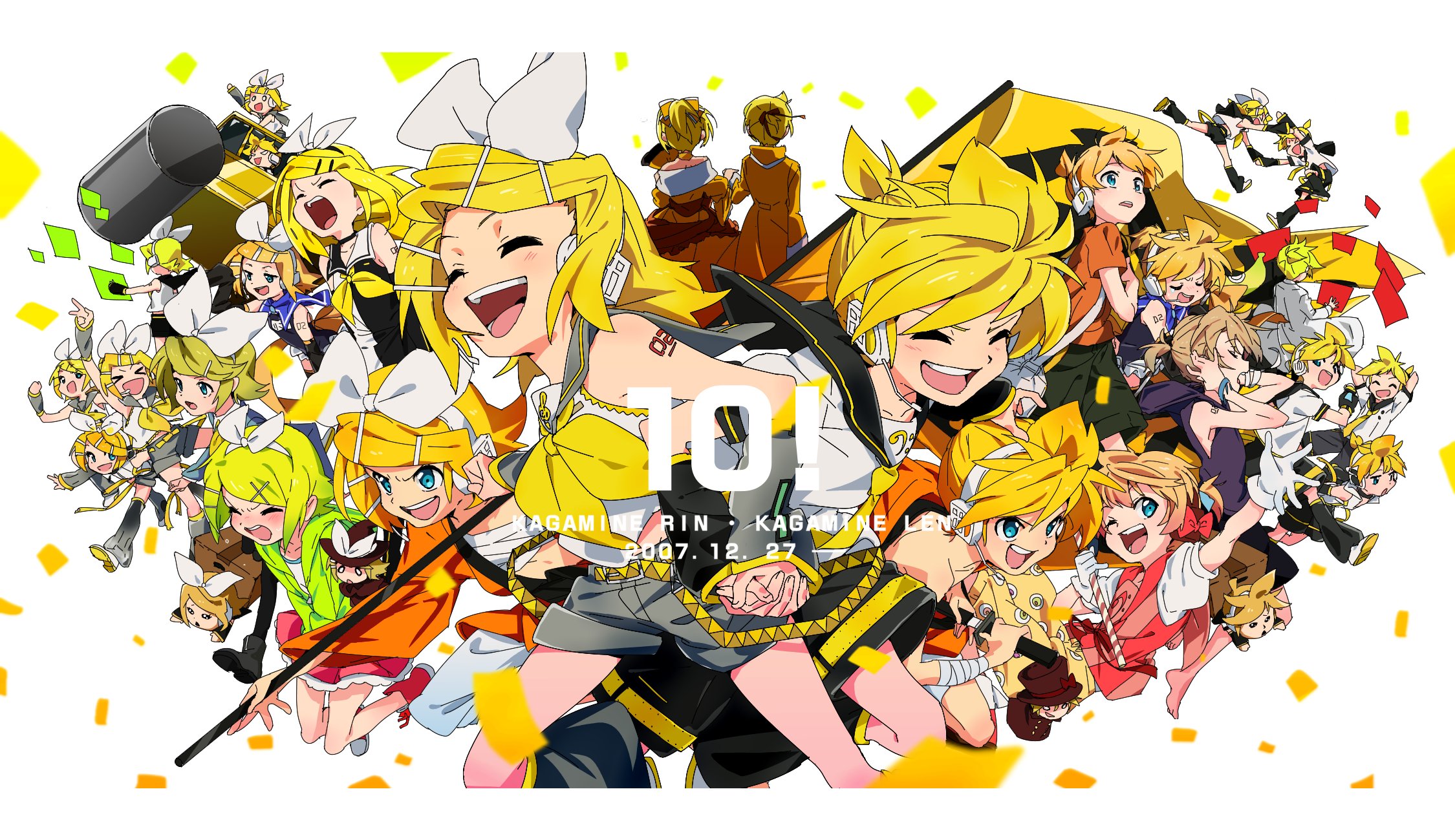6+boys 6+girls aqua_eyes bad_id bad_twitter_id bass_clef blonde_hair blue_background blue_eyes border bow brother_and_sister character_request checkered_clothes checkered_shirt closed_eyes collared_shirt confetti detached_sleeves drawing_sword evillious_nendaiki foreground_text hair_bow hair_ornament hairclip hand_fan hat headset highres holding holding_fan holding_hands holding_sword holding_weapon kagamine_len kagamine_len_(starmine) kagamine_len_(vocaloid4) kagamine_rin kagamine_rin_(melancholy) kagamine_rin_(vocaloid4) leg_warmers letterboxed multiple_boys multiple_girls multiple_persona necktie off_shoulder open_mouth ponytail sailor_collar satou_asuka shirt short_ponytail short_shorts shorts shoulder_tattoo siblings smile steamroller swept_bangs sword tattoo top_hat treble_clef twins vocaloid weapon white_background white_border yellow_necktie