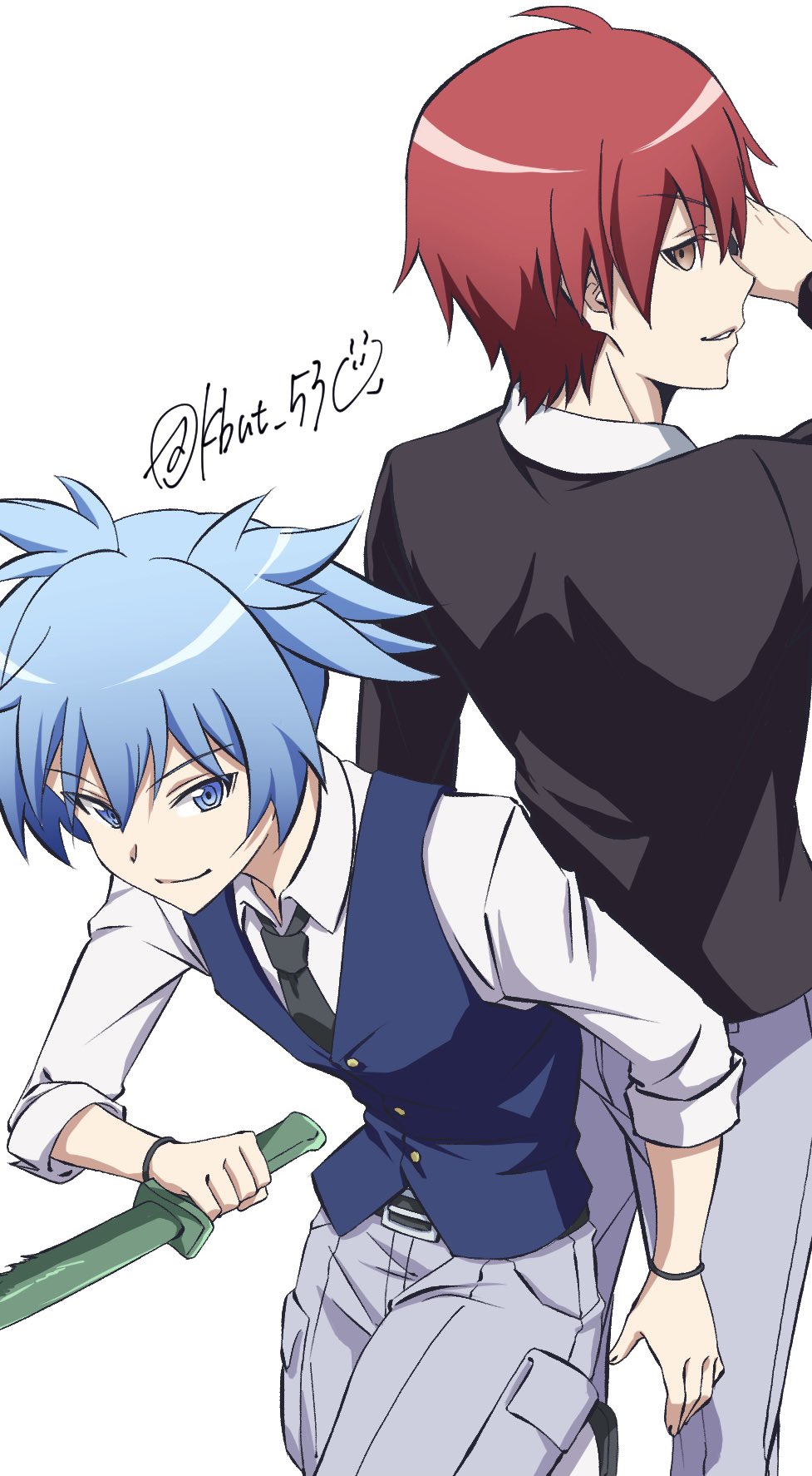 2boys akabane_karma ansatsu_kyoushitsu arm_up back-to-back belt bent_over black_belt black_cardigan black_necktie blue_eyes blue_hair blue_vest cardigan cargo_pants closed_mouth collared_shirt cowboy_shot dagger grey_pants hair_tie_on_wrist highres holding holding_dagger holding_knife holding_weapon kbut_53 knife kunugigaoka_middle_school_uniform looking_at_viewer male_focus multiple_boys necktie pants parted_lips red_hair school_uniform shiota_nagisa shirt short_hair short_twintails simple_background sleeves_rolled_up smile smirk twintails twitter_username v-shaped_eyebrows vest weapon white_background white_shirt yellow_eyes