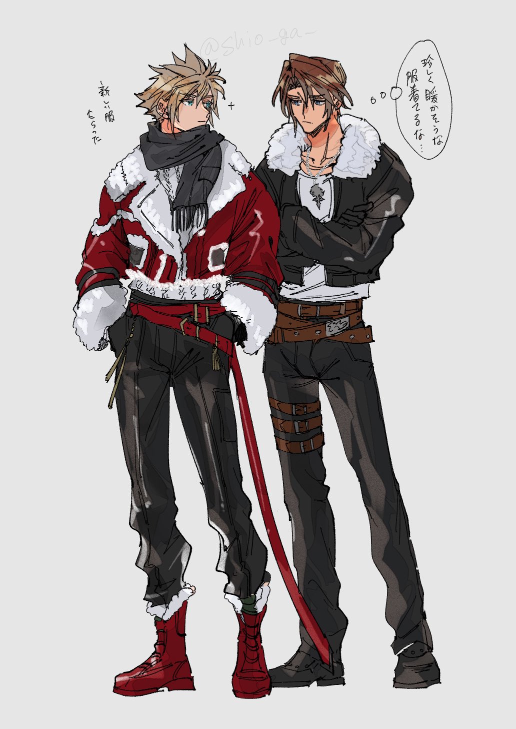 2boys belt black_footwear black_gloves black_jacket black_pants black_scarf blonde_hair blue_eyes boots brown_belt brown_hair chain chain_necklace cloud_strife cloud_strife_(holiday_outfit) coat crossed_arms final_fantasy final_fantasy_vii final_fantasy_vii_ever_crisis final_fantasy_viii full_moon fur-trimmed_coat fur-trimmed_jacket fur_trim gloves grey_background hair_between_eyes hands_in_pockets highres jacket jewelry knit_sweater leather leather_jacket male_focus moon multiple_belts multiple_boys necklace official_alternate_costume pants parted_bangs red_belt red_coat red_footwear scar scar_on_face scar_on_forehead scarf shio_ga shirt short_hair spiked_hair squall_leonhart standing sweater thigh_belt thigh_strap white_shirt white_sweater