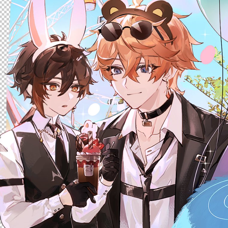 2boys aged_down alternate_costume animal_ears food formal_clothes genshin_impact hairband hamtaru542899 holding holding_spoon ice_cream mors_gn multiple_boys panda_ears rabbit_ears spoon sundae tartaglia_(genshin_impact) twitter white_background zhongli_(genshin_impact)