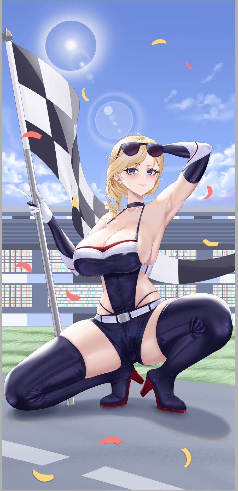 arm_up armpits azur_lane black_boots black_choker black_gloves black_leotard black_shorts blonde_hair blue_eyes boots breasts checkered_flag choker cleavage confetti elbow_gloves eyewear_on_head flag gloves high_heel_boots high_heels highleg highleg_panties highres holding holding_flag hood_(azur_lane) large_breasts lens_flare leotard long_hair outdoors panties race_queen shorts sideboob smile sunglasses thigh_boots underwear user_xujn5742