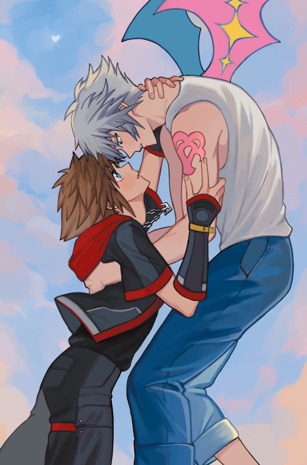 2boys alternate_costume arm_markings black_jacket black_pants black_shirt blue_pants blue_sky brown_hair chain chain_necklace cloud cloudy_sky commentary couple dream_eater_(kingdom_hearts) from_side green_eyes grey_hair half-closed_eyes hand_on_another&#039;s_arm hand_on_another&#039;s_neck hashtag-only_commentary heart highres imminent_kiss jacket jewelry kingdom_hearts kingdom_hearts_3d:_dream_drop_distance kingdom_hearts_iii leaning_forward looking_up male_focus multiple_boys necklace no_jacket no_vest pants pendant riku_(kingdom_hearts) shirt short_hair shuaitofu sky sleeveless sleeveless_shirt sora_(kingdom_hearts) spiked_hair upper_body yaoi