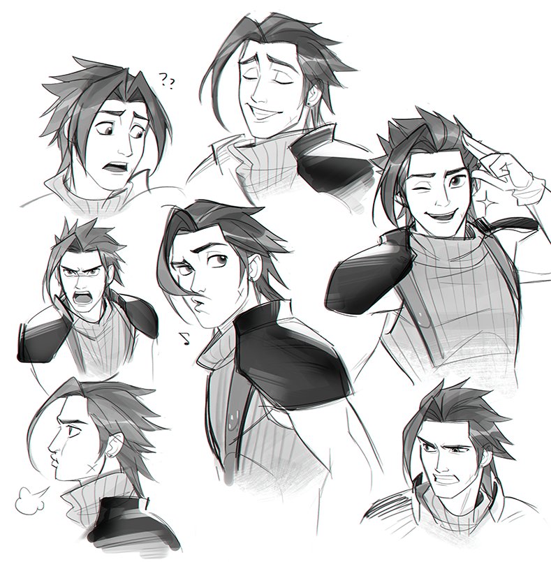 1boy ? ?? angry armor clenched_teeth closed_eyes commentary crisis_core_final_fantasy_vii cropped_torso cross_scar earrings final_fantasy final_fantasy_vii from_side ginmu gloves greyscale grin hair_slicked_back happy jewelry looking_at_viewer looking_to_the_side male_focus monochrome multiple_expressions multiple_views musical_note open_mouth parted_bangs pauldrons salute scar scar_on_face shoulder_armor sketch sleeveless sleeveless_sweater sleeveless_turtleneck smile sparkle spoken_musical_note stud_earrings sweater symbol-only_commentary teeth toned toned_male turtleneck turtleneck_sweater two-finger_salute whistling white_background zack_fair