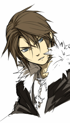 1boy black_jacket blue_eyes brown_hair commentary_request final_fantasy final_fantasy_viii fur-trimmed_jacket fur_trim hinokami jacket lowres male_focus open_clothes open_jacket parted_lips scar scar_on_face serious shirt short_hair squall_leonhart white_fur white_shirt