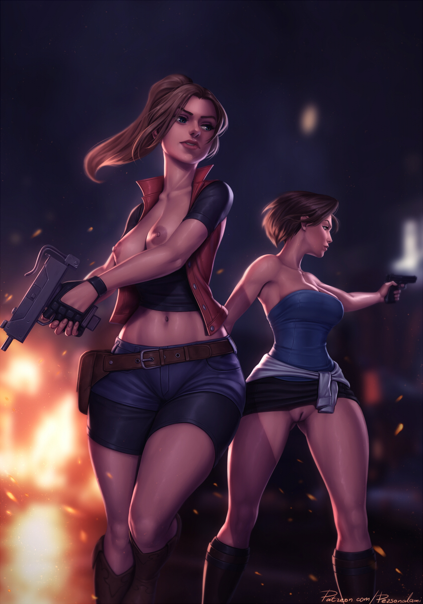 2girls bare_shoulders bike_shorts black_shirt black_skirt blue_eyes blue_shorts breasts breasts_out brown_hair claire_redfield cleavage cleft_of_venus closed_mouth embers green_vest gun handgun highres holding holding_gun holding_weapon jill_valentine large_breasts machine_pistol midriff miniskirt multiple_girls navel nipples no_panties open_clothes open_vest parted_lips personal_ami pistol ponytail pussy resident_evil shirt short_hair short_shorts shorts signature skirt standing strapless submachine_gun tube_top uncensored uzi vest weapon