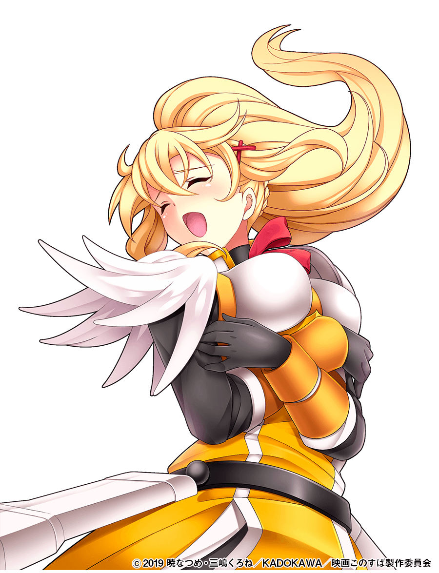 1girl armor black_gloves blonde_hair bodysuit bodysuit_under_clothes braid closed_eyes cowboy_shot crossed_arms crossover crown_braid darkness_(konosuba) edamame_senpai feather_trim female_focus gloves hair_between_eyes hair_ornament kono_subarashii_sekai_ni_shukufuku_wo! long_hair official_art open_mouth ponytail scabbard sheath simple_background solo transparent_background vivid_army watermark white_background