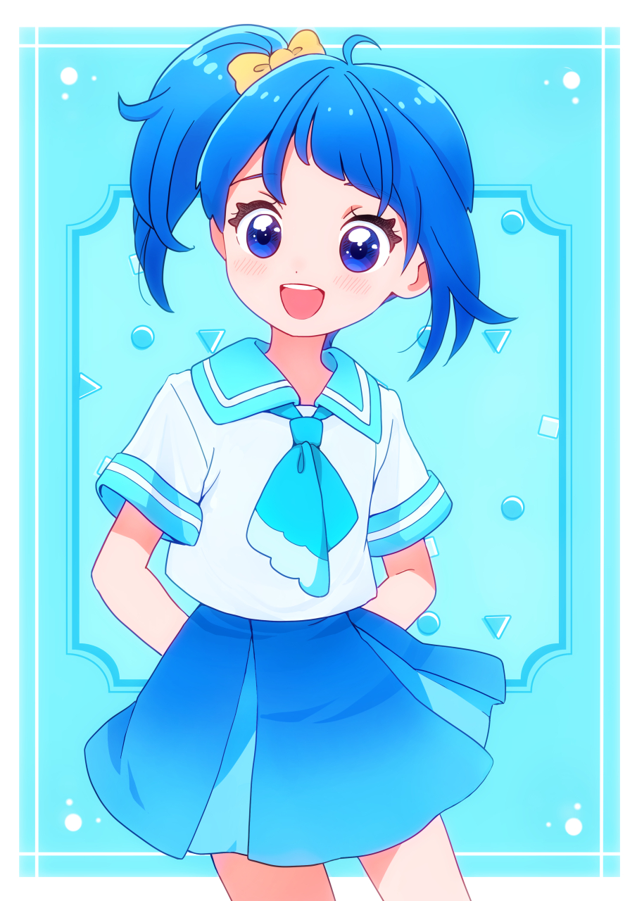 1girl arms_behind_back ascot blouse blue_ascot blue_background blue_eyes blue_hair blue_skirt blue_theme bow collared_shirt commentary cowboy_shot cut_bangs hair_bow highres hirogaru_sky!_precure kyanos_(b_0000ff) looking_to_the_side medium_hair miniskirt open_mouth pleated_skirt precure school_uniform shirt short_sleeves side_ponytail single_sidelock skirt smile solo sora_harewataru sorashido_academy_school_uniform standing summer_uniform white_shirt yellow_bow
