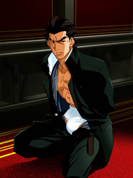 1boy angry bara capcom carpet justice_gakuen kazama_daigo looking_at_viewer male_focus masanori scar shiritsu_justice_gakuen solo squatting