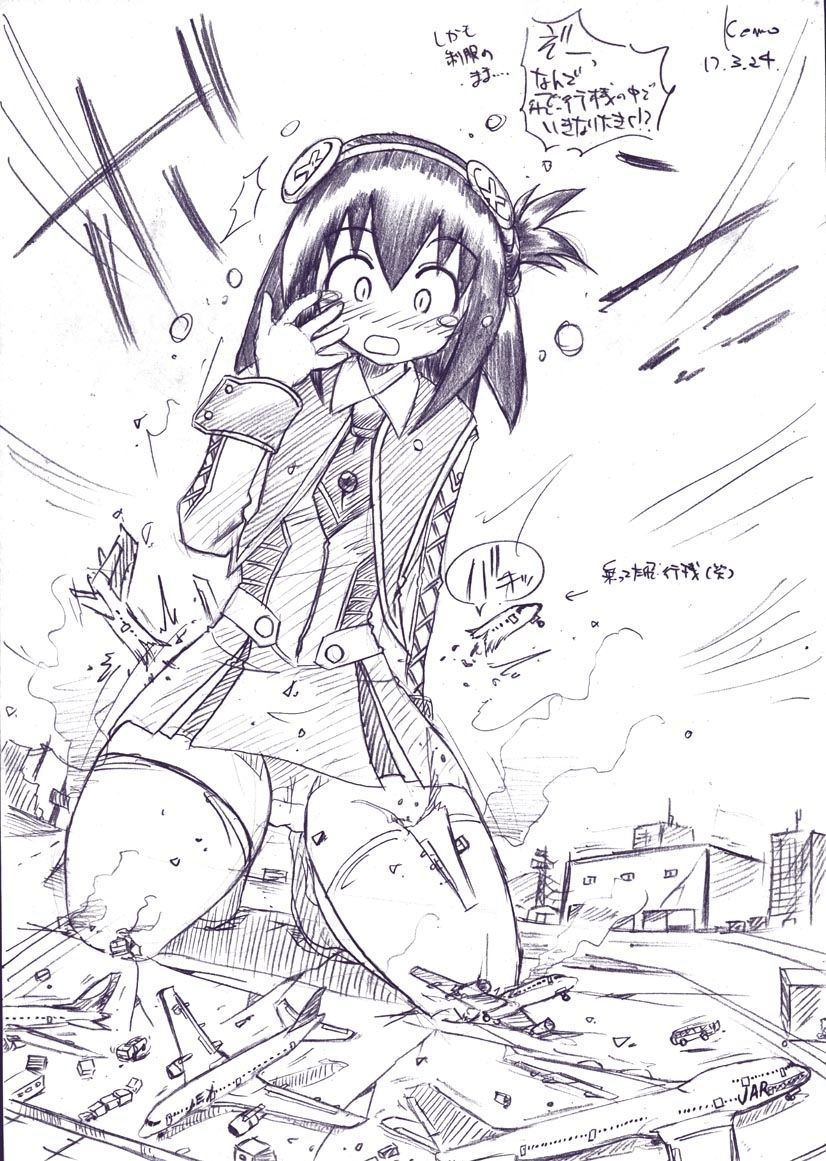 aircraft airplane airport destruction giant giantess growth headband kemo koharuno_silk monochrome panties pantyshot surprised ultimate_girl underwear