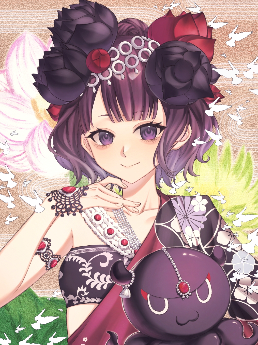 1girl bindi bird black_hair chinese_commentary commentary fate/grand_order fate_(series) floral_background floral_print hair_ornament highres japanese_clothes katsushika_hokusai_(dream_portrait)_(fate) katsushika_hokusai_(fate) kimono lengsang_123 looking_at_viewer octopus purple_eyes red_kimono short_hair single_bare_shoulder smile tokitarou_(fate)
