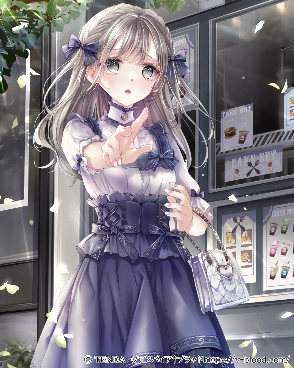 1girl bag black_bow black_skirt blue_corset blue_skirt bow braid breasts commentary_request copyright_name copyright_notice corset cowboy_shot crown_braid day falling_leaves grey_eyes grey_hair hair_bow handbag hane_segawa highres koizuka_hatsuna leaf long_hair medium_breasts menu_board nail_polish official_art open_mouth outdoors pink_nails pointing restaurant shirt short_sleeves skirt solo standing vampire_blood white_bag white_shirt