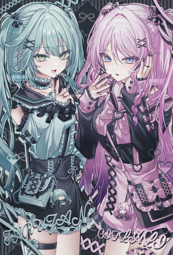 2girls alternate_costume alternate_hair_length alternate_hairstyle aqua_hair bad_id bad_twitter_id black_nails black_socks blue_eyes bow braid character_charm charm_(object) citlali_(genshin_impact) facial_mark faruzan_(genshin_impact) genshin_impact green_eyes hair_between_eyes long_hair long_sleeves looking_at_viewer multiple_girls over-kneehighs parted_lips pink_hair pink_pupils simple_background skirt smile socks standing symbol-shaped_pupils thigh_strap thighhighs touyu_1210 triangle triangle-shaped_pupils triangle_facial_mark twintails white_background zoom_layer