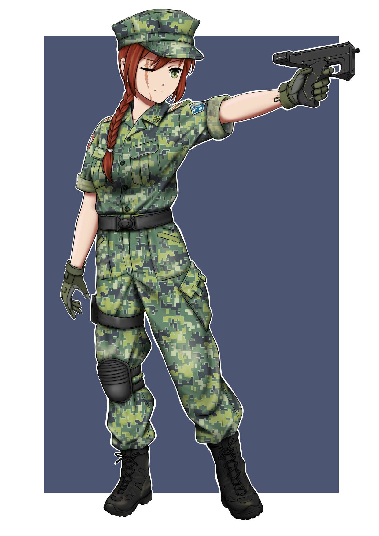 1girl avatar_(2009_movie) belt boots braid breast_pocket buttons camouflage camouflage_headwear camouflage_jacket camouflage_pants combat_boots digital_camouflage gloves gun handgun hat highres jacket james_cameron's_avatar knee_pads mardjan military military_fatigues military_hat military_uniform orange_hair original pants pocket scar scar_across_eye scar_on_face sec-ops_(avatar) shirt short_sleeves soldier solo weapon wing_collar